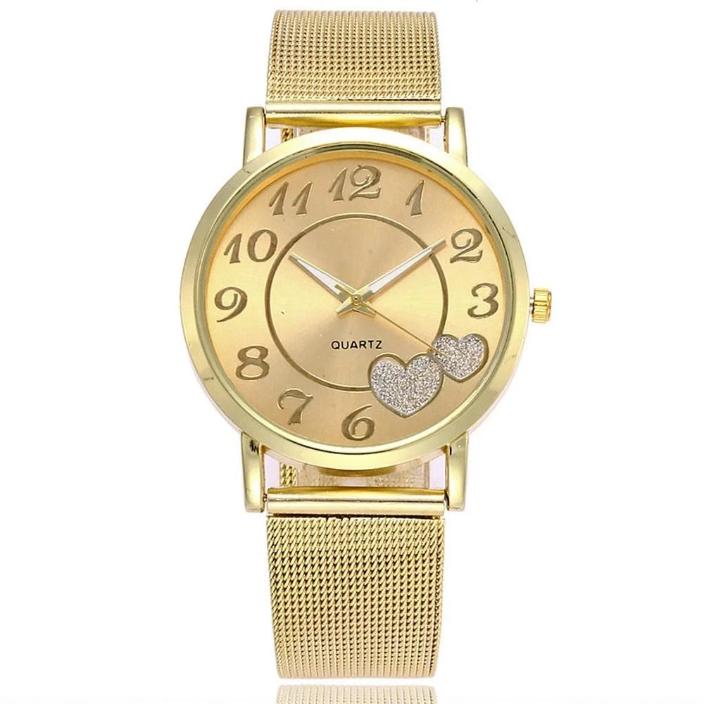 Women Double Heart Mesh Belt Watch - Golden Alloy - Fashion