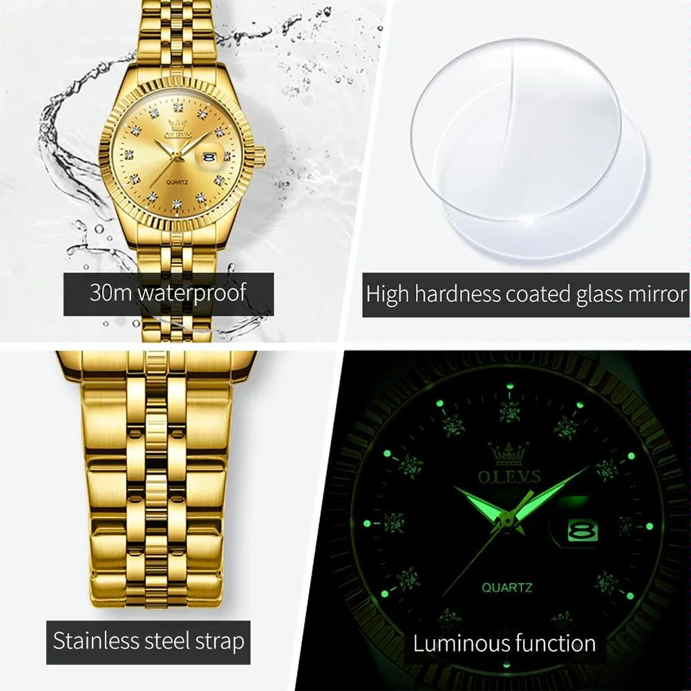 Women Luminous Diamond Quartz Watch - Waterproof - Gold