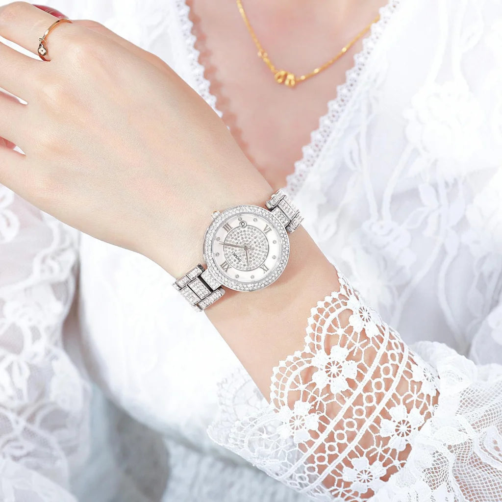 Women Quartz Watch with Diamond Roman Numerals and Round