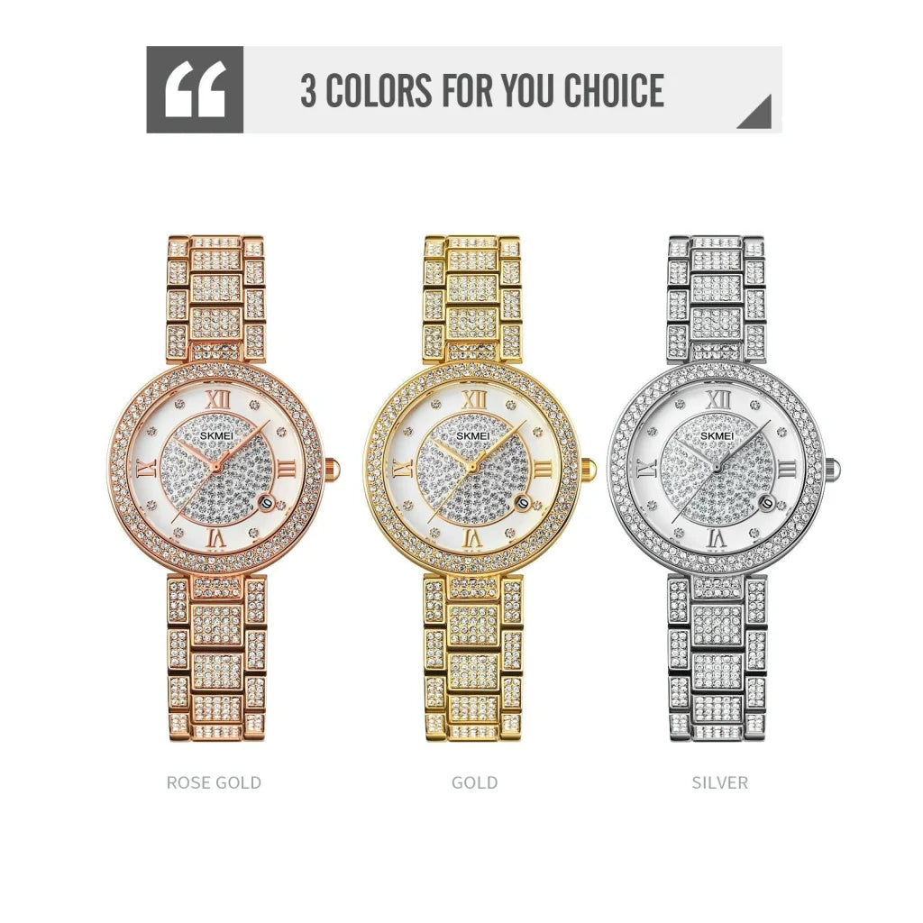 Women Quartz Watch with Diamond Roman Numerals and Round