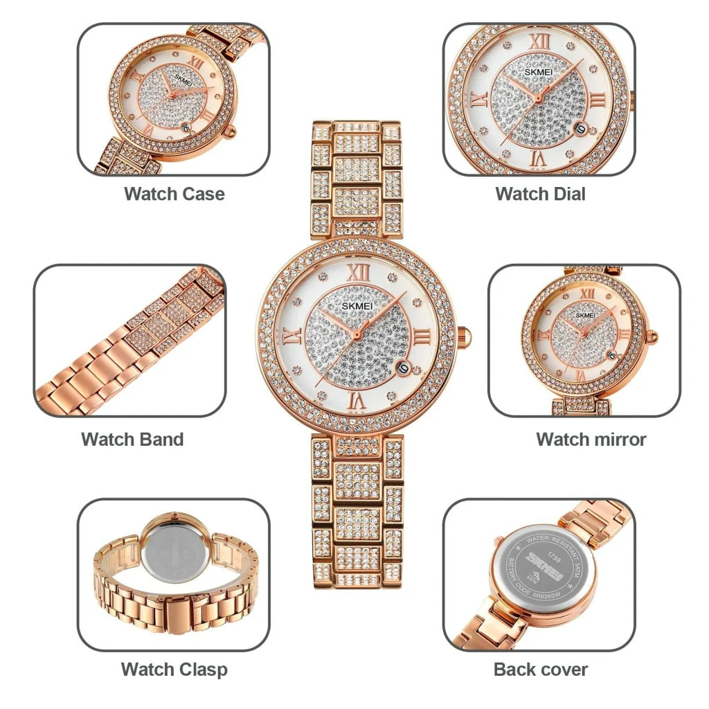 Women Quartz Watch with Diamond Roman Numerals and Round