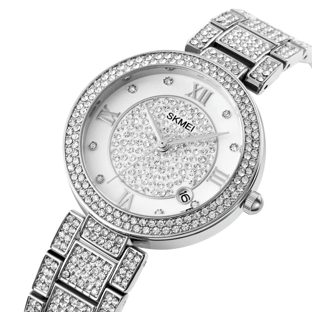 Women Quartz Watch with Diamond Roman Numerals and Round