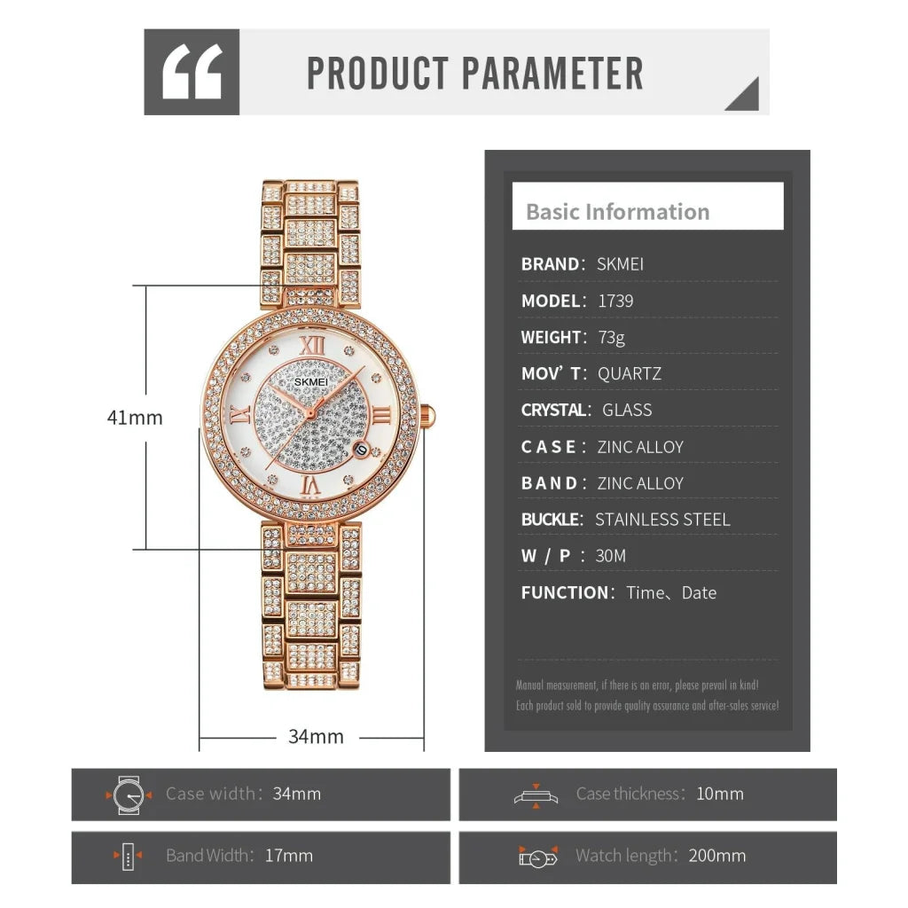 Women Quartz Watch with Diamond Roman Numerals and Round