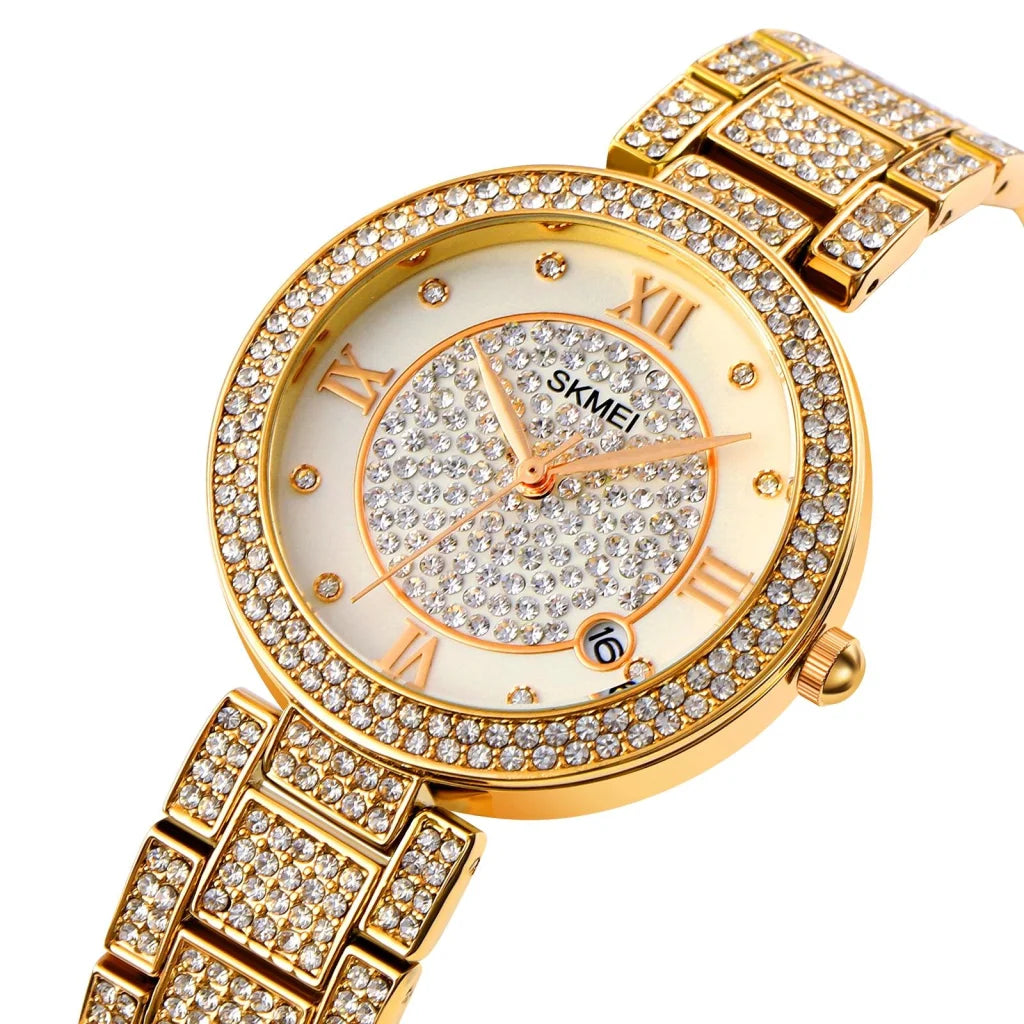 Women Quartz Watch with Diamond Roman Numerals and Round