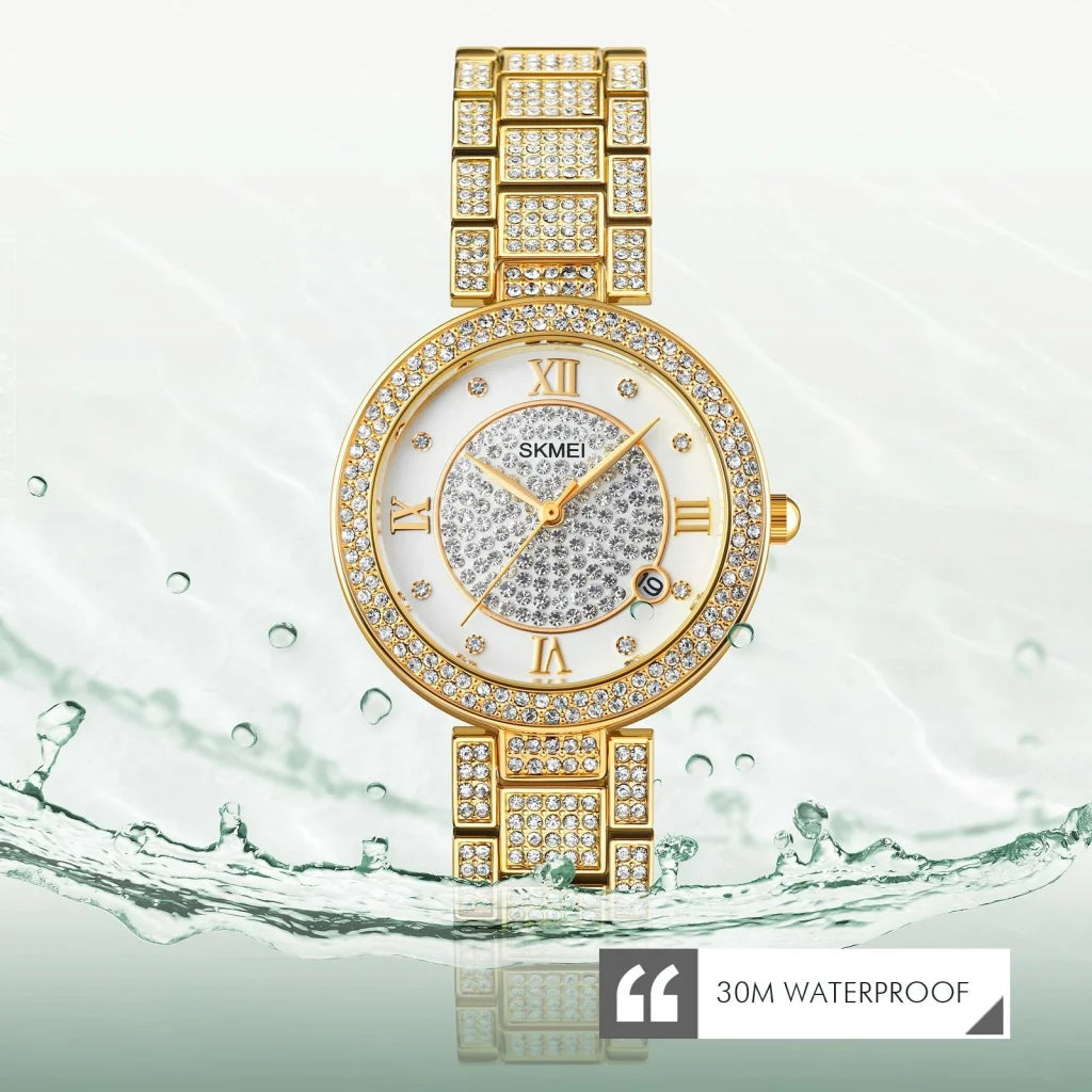 Women Quartz Watch with Diamond Roman Numerals and Round