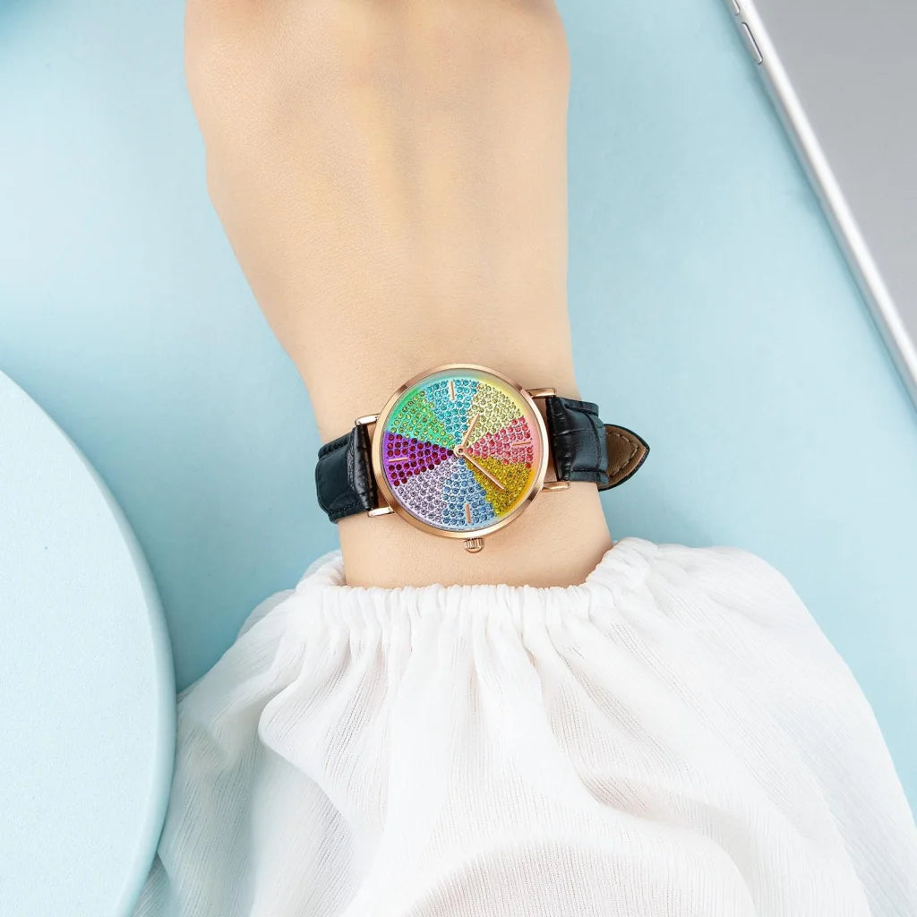 Women Rose Gold Steel Watch with Eight Colour Diamond Dial