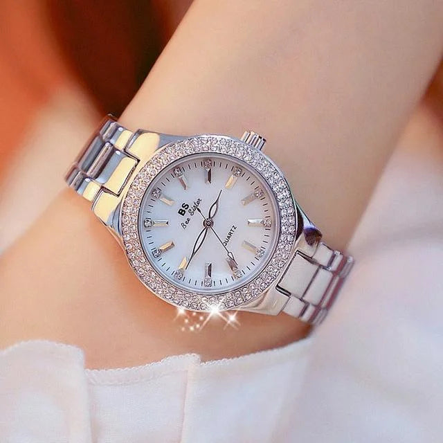 Women Round Diamond Watch with Alloy Strap - Gold - Fashion