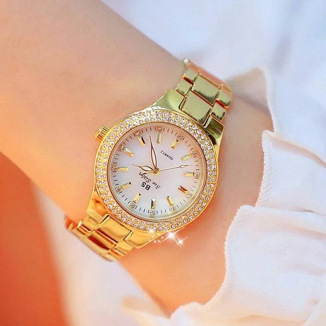 Women Round Diamond Watch with Alloy Strap - Gold - Fashion