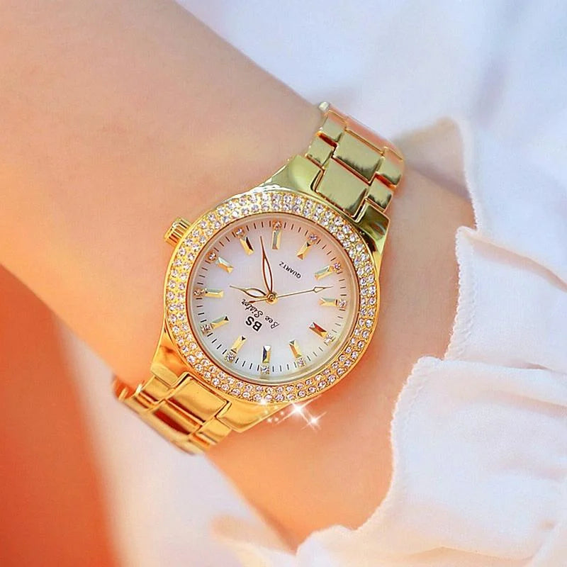Women Round Diamond Watch with Alloy Strap - Gold - Fashion