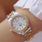Women Round Diamond Watch with Alloy Strap - Interval Gold