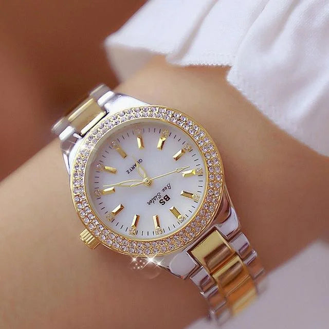 Women Round Diamond Watch with Alloy Strap - Interval Gold