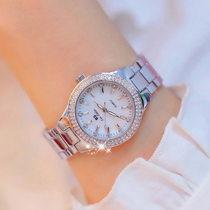 Women Round Diamond Watch with Alloy Strap - Silver