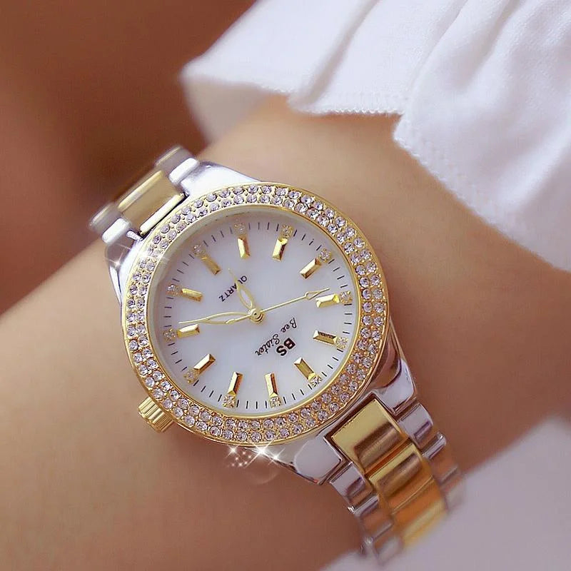 Women Round Diamond Watch with Alloy Strap - Silver