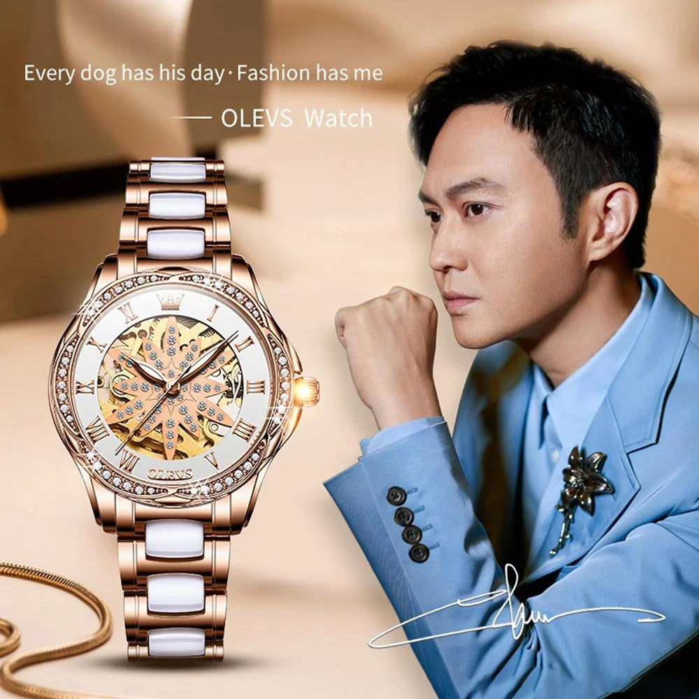 Women Waterproof Mechanical Watch with Ceramic Band