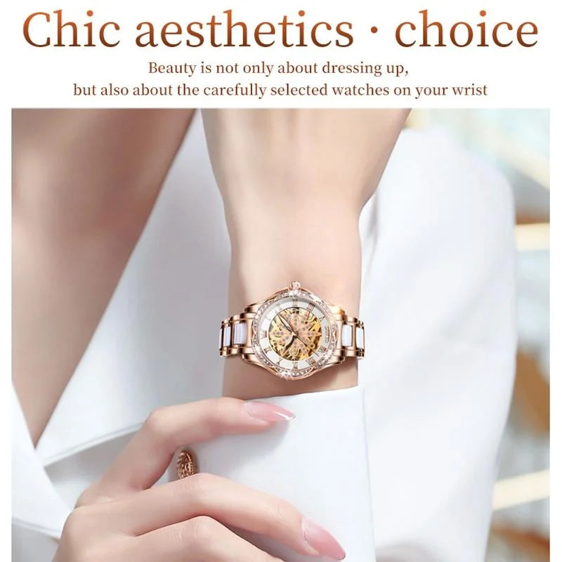 Women Waterproof Mechanical Watch with Ceramic Band