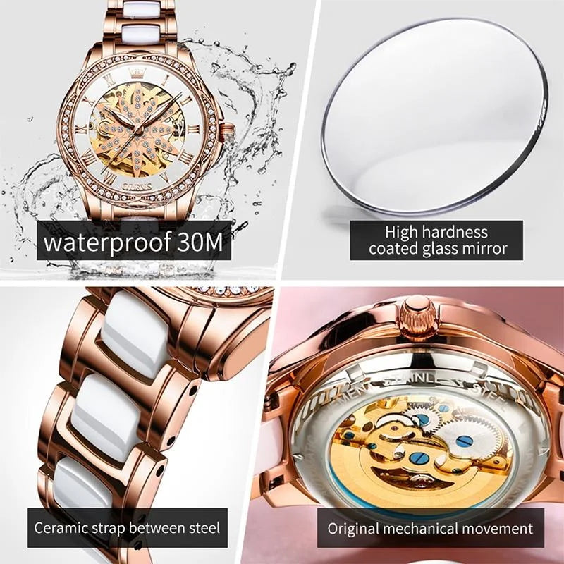 Women Waterproof Mechanical Watch with Ceramic Band
