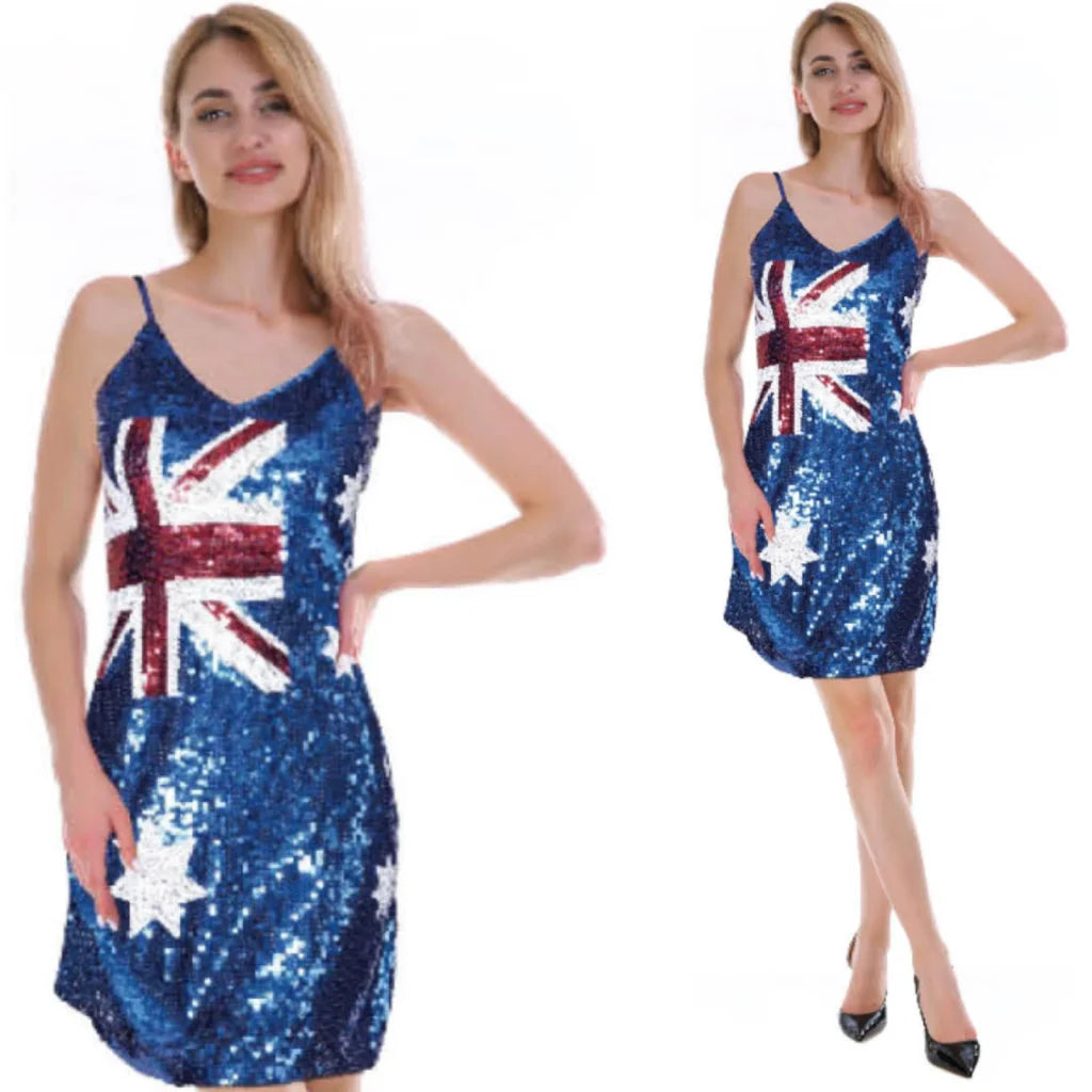 Womens Australia Flag Sequin Dress Australian Day Aussie Oz