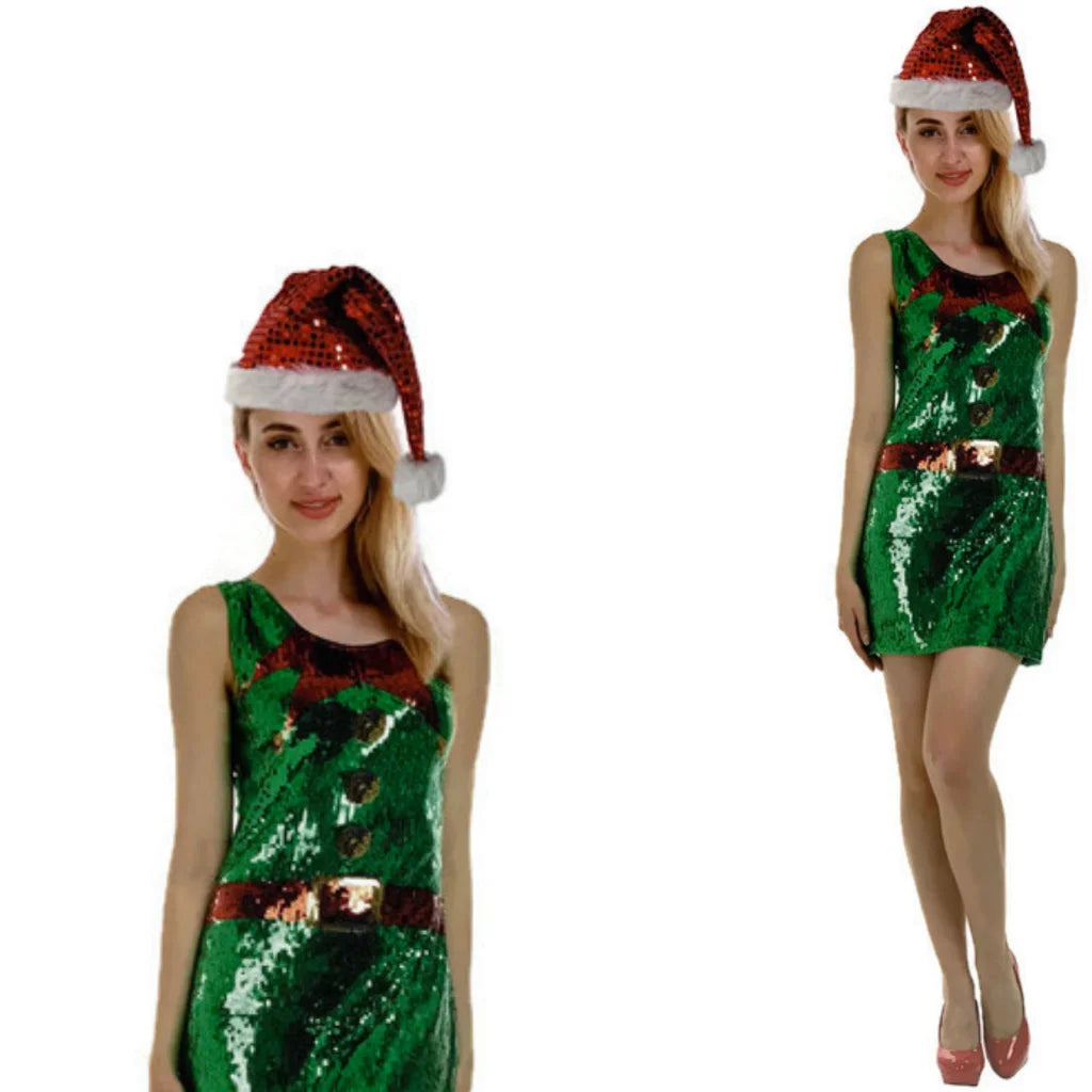 Womens Christmas Sequin Elf Dress Costume Party Dress Up