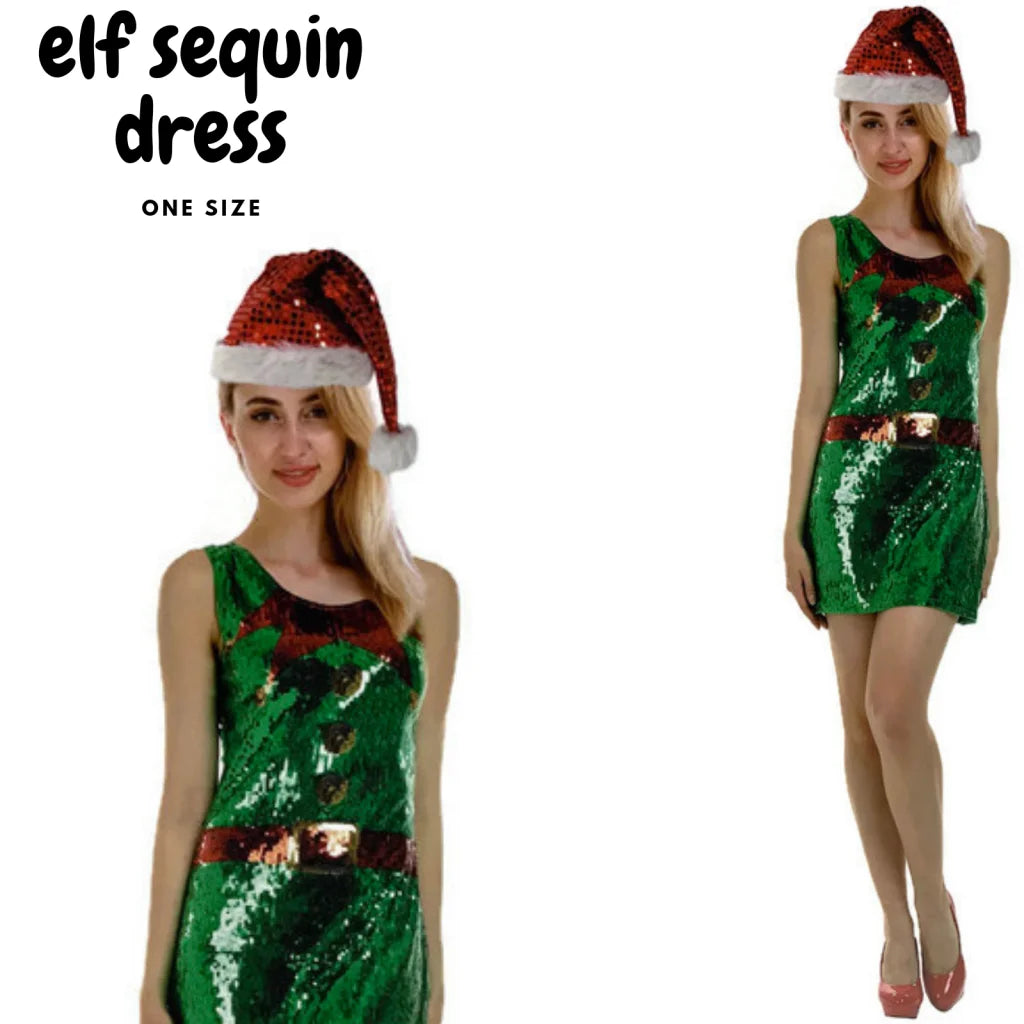 Womens Christmas Sequin Elf Dress Costume Party Dress Up