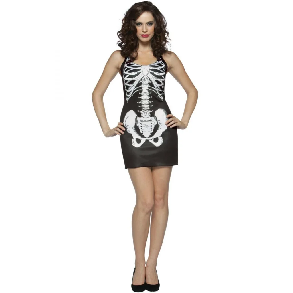 Womens SKELETON COSTUME Halloween Bones Tank Dress Black