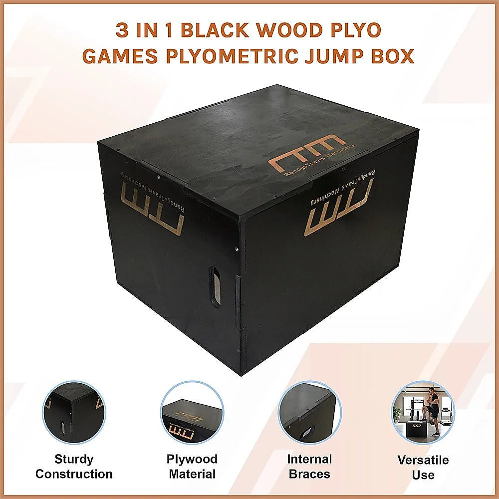Wood Plyometric Jump Box 3-in-1 - Black - Fitness