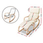 Beige wooden accent chair with mesh backrest and caster base