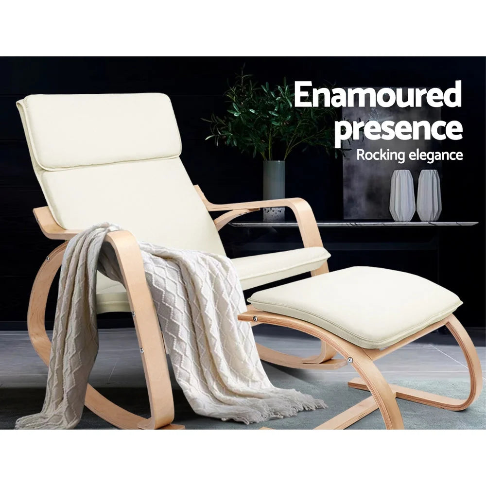Beige wooden accent chair with cushioned seat and backrest