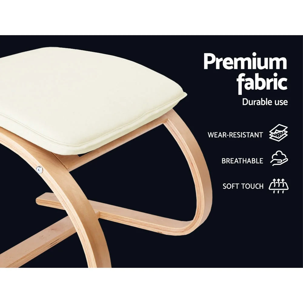 Beige wooden accent chair with upholstered seat and curved back