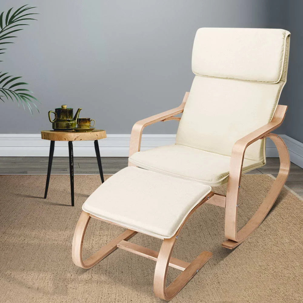 Beige wooden accent chair with hanging seat and stand supports