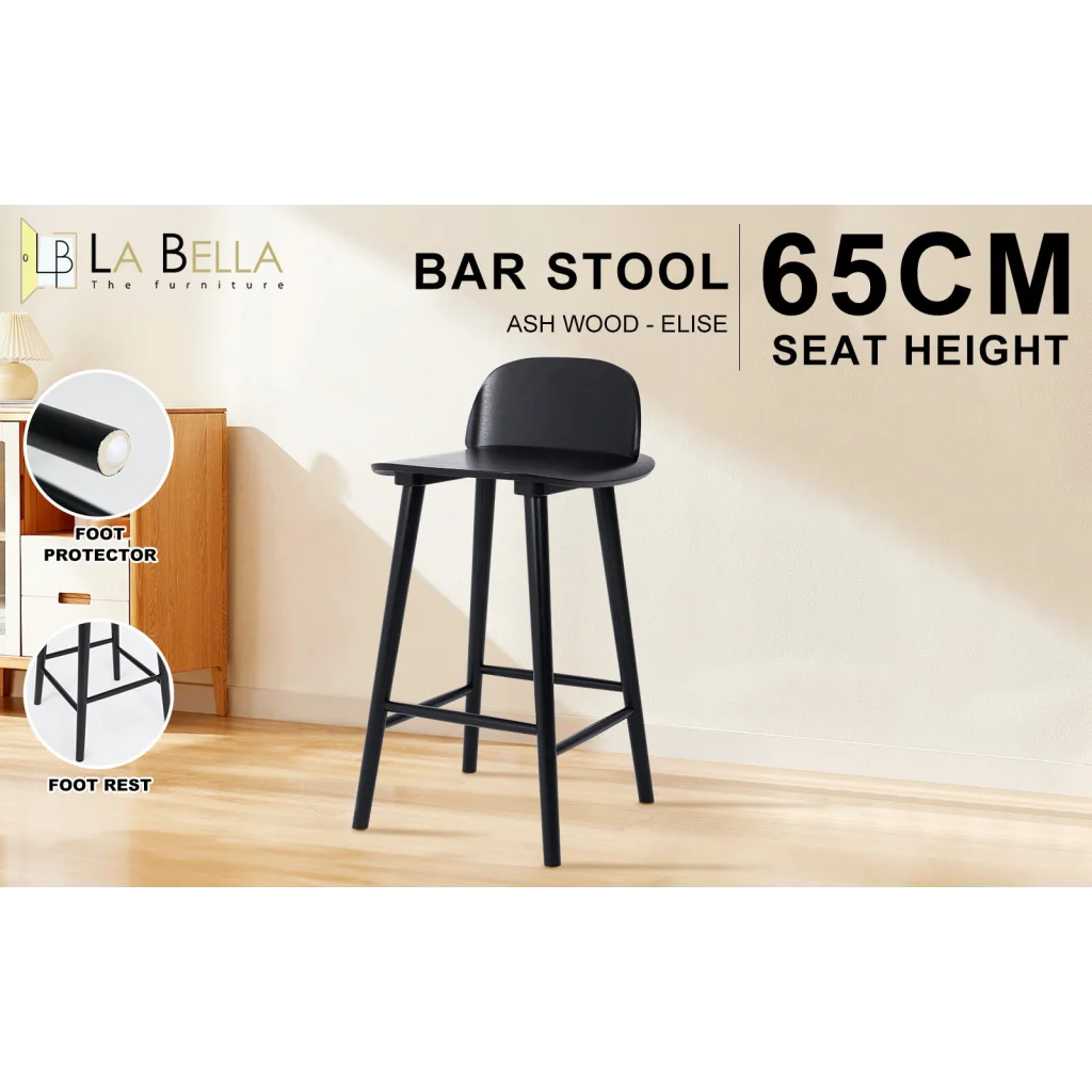 Wooden Bar Stool Dining Chair Ash Wood ELISE 65cm BLACK