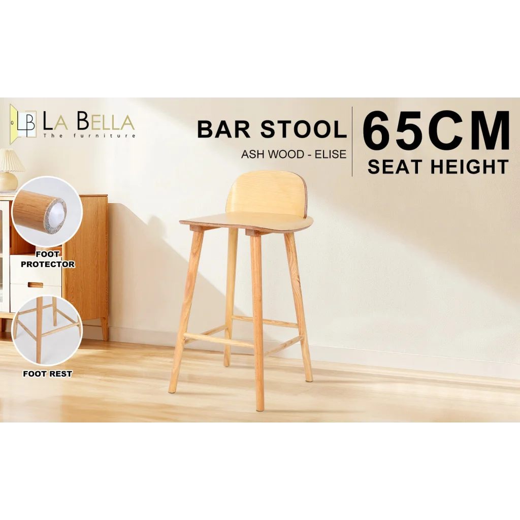 Wooden Bar Stool Dining Chair Ash Wood ELISE 65cm