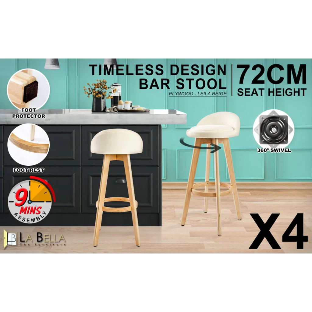 Beige wooden 72cm bar stool leila with woven seat and timber frame