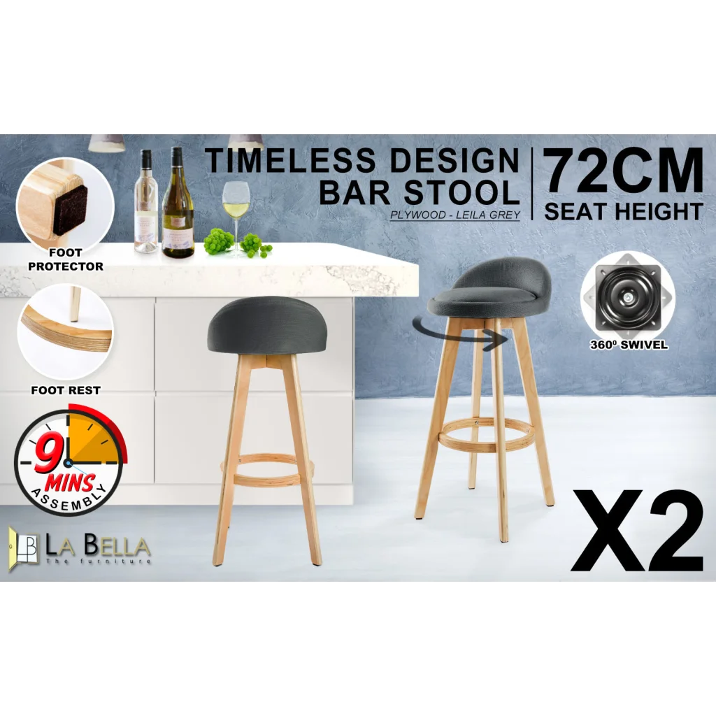 Grey wooden 72cm bar stool leila with cushioned seat and curved backrest