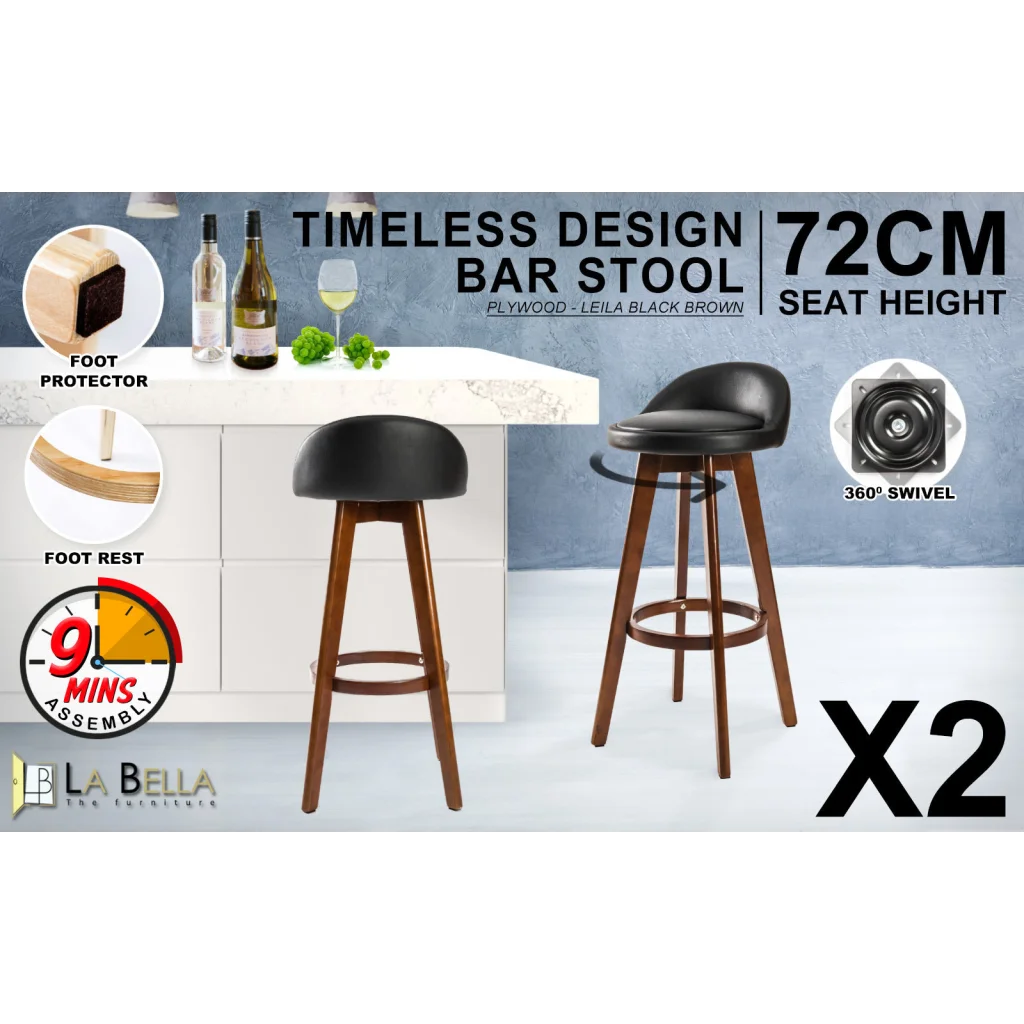 Wooden Bar Stool Leila Leather 72cm Black Brown Set of 2