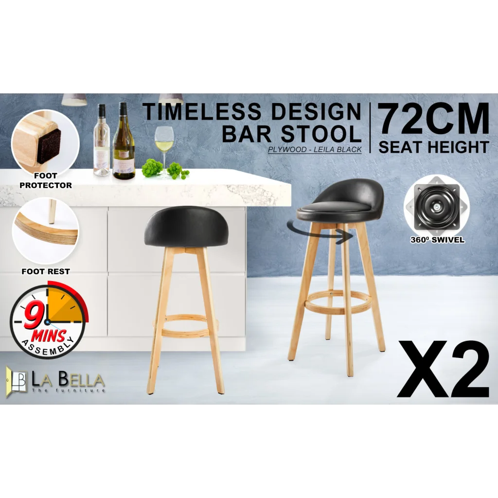 Wooden Bar Stool Leila Leather 72cm Black Set of 2