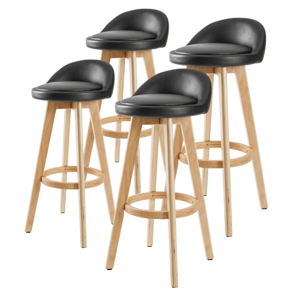 Wooden Bar Stool Leila Leather 72cm Black Set of 4