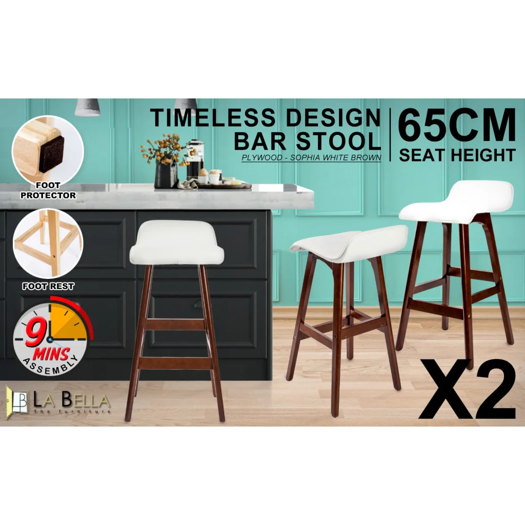 Wooden Bar Stool Sophia Leather 65cm White Brown Set of 2