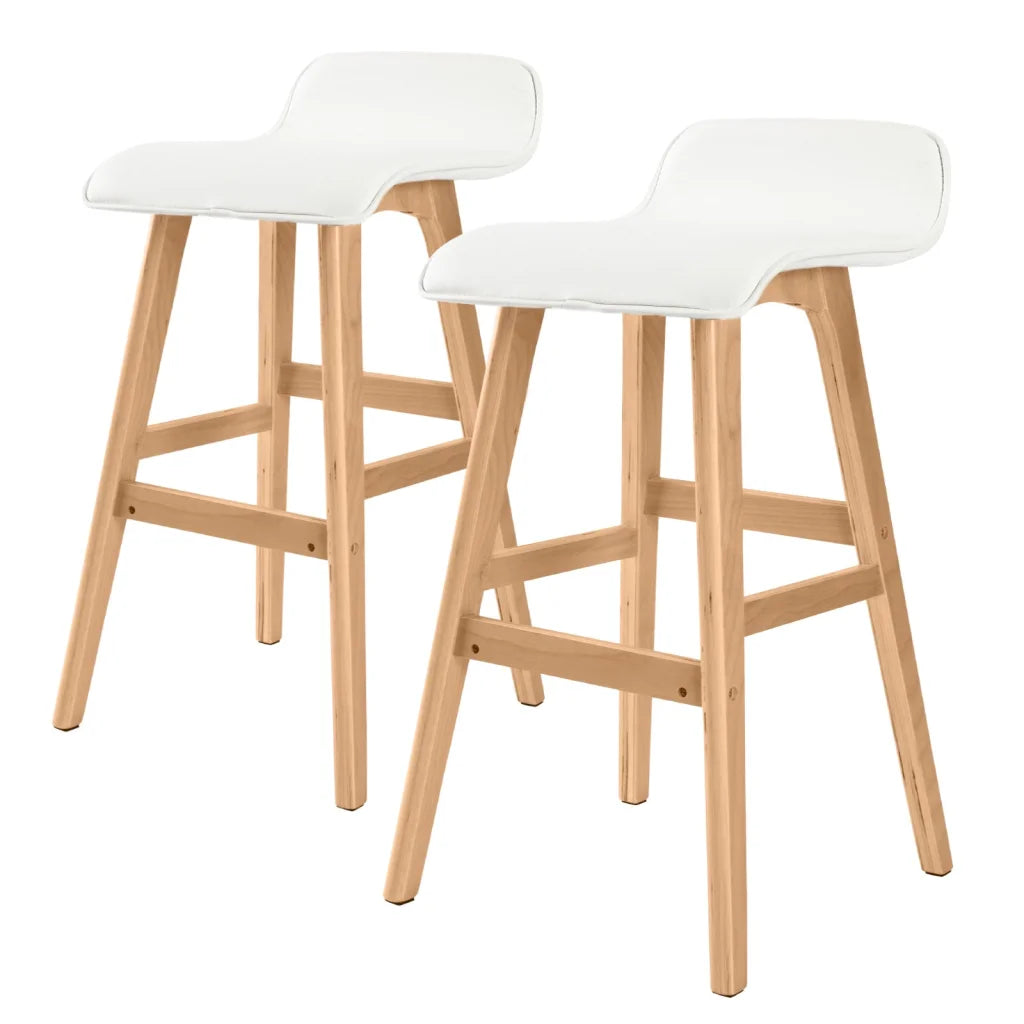 White wooden 65cm bar stool set with cushioned seat and curved backrest