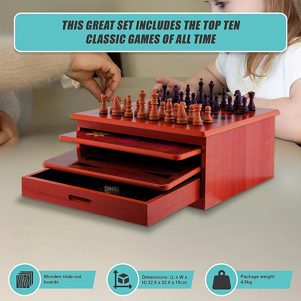 Wooden Chess Board 10-in-1 Games Set - Slide Out Best