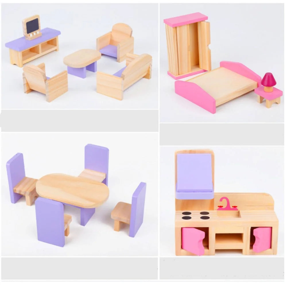 Wooden DIY Dolls Doll House 3 Level Kids Pretend Play Toys