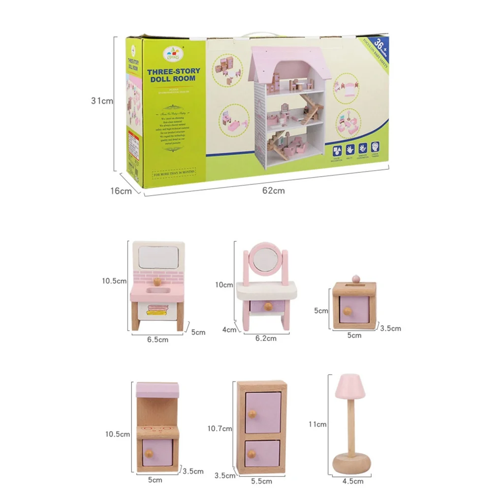 Wooden DIY Dolls Doll House 3 Level Kids Pretend Play Toys