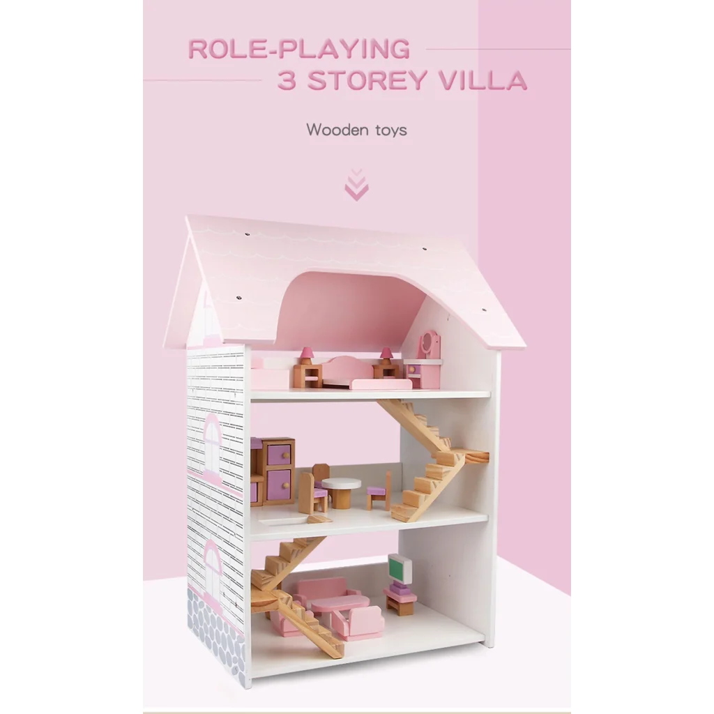 Wooden DIY Dolls Doll House 3 Level Kids Pretend Play Toys