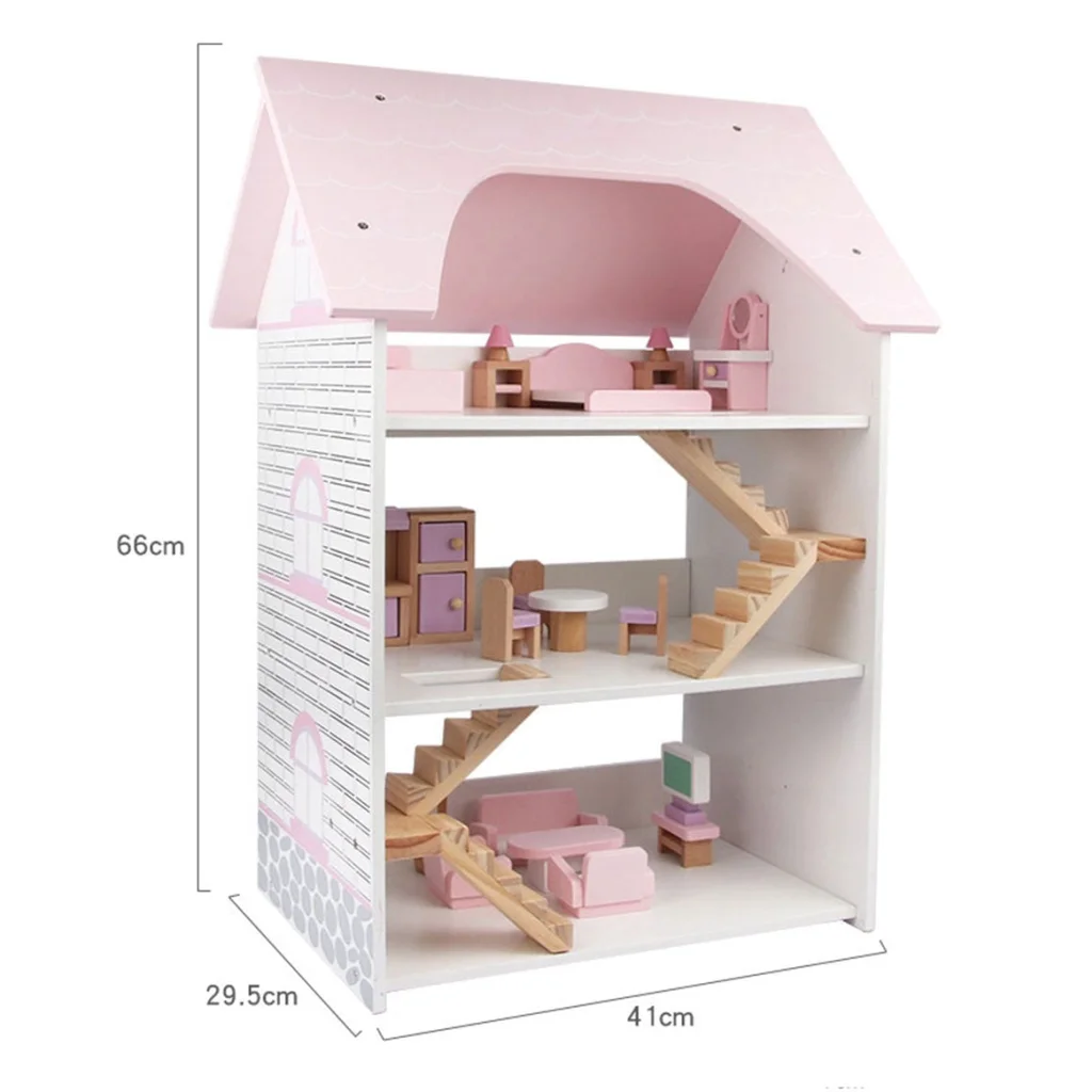 Wooden DIY Dolls Doll House 3 Level Kids Pretend Play Toys