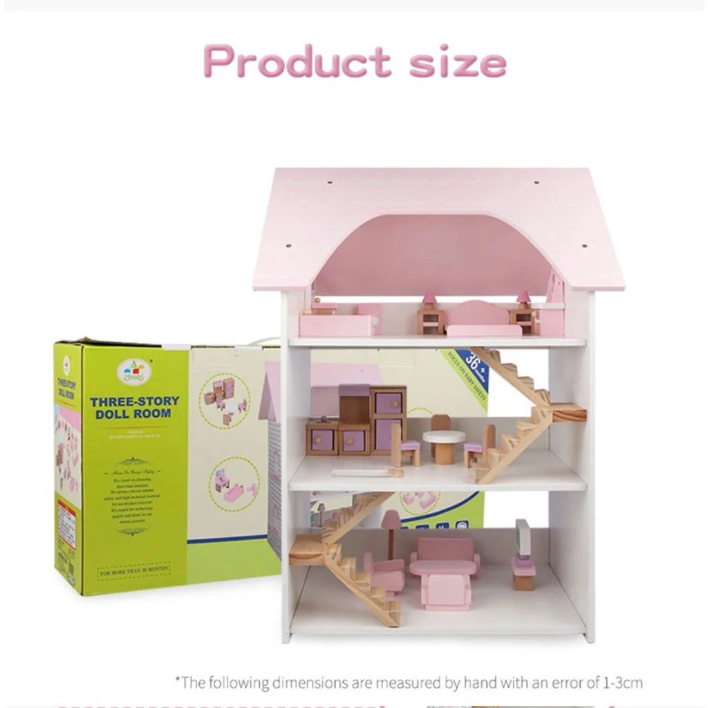 Wooden DIY Dolls Doll House 3 Level Kids Pretend Play Toys