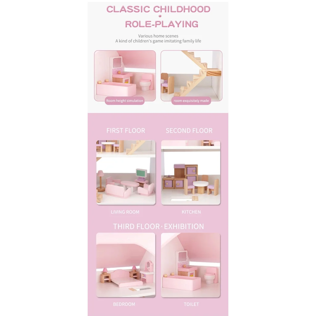 Wooden DIY Dolls Doll House 3 Level Kids Pretend Play Toys