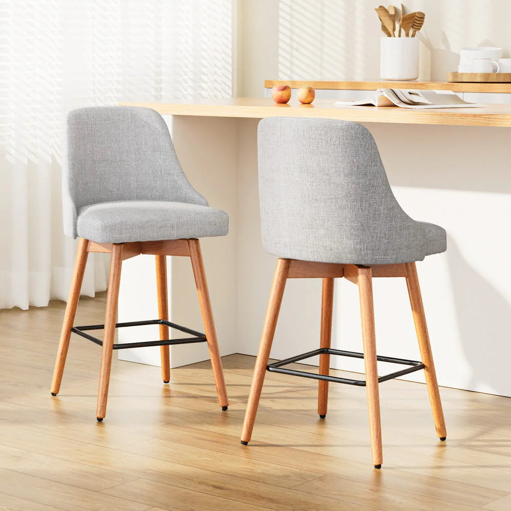 Wooden Fabric Bar Stools Set of 2 with Square Footrest