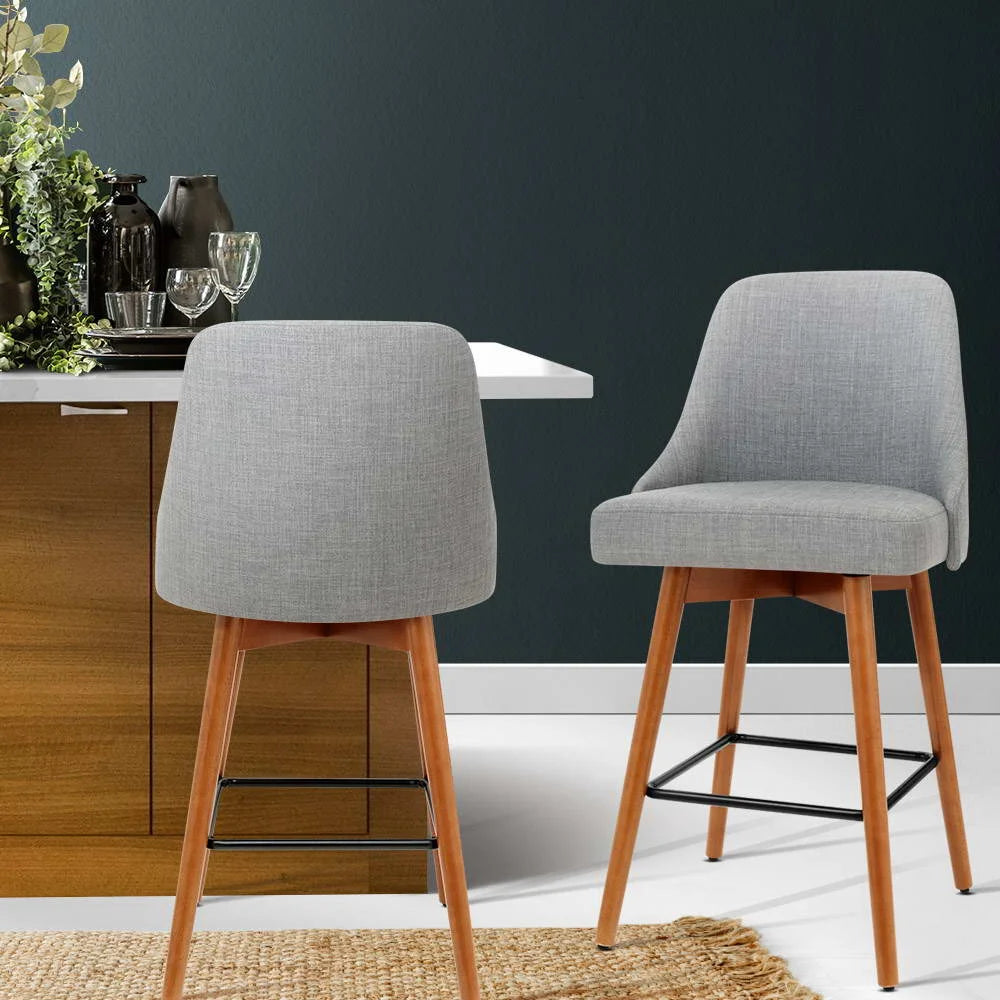 Wooden Fabric Bar Stools Set of 2 with Square Footrest