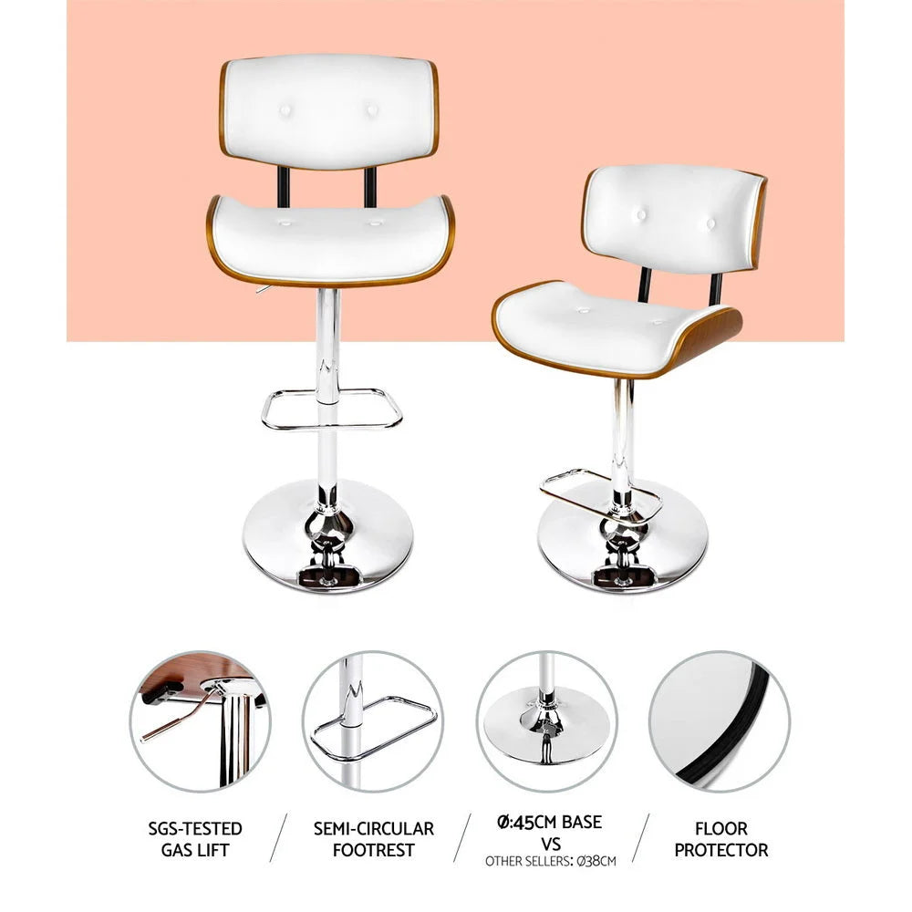 Wooden Gas Lift Bar Stools Set of 2 - White and Chrome