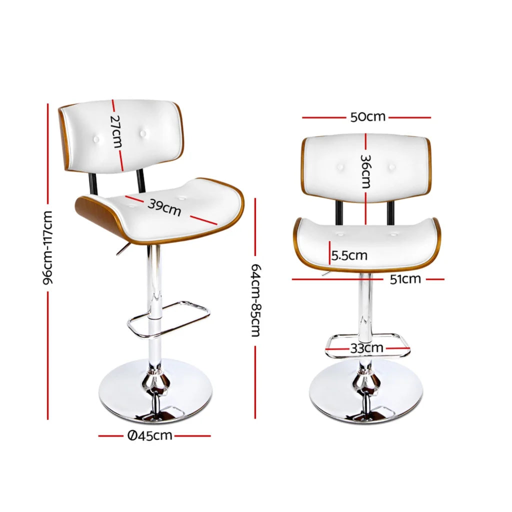 Wooden Gas Lift Bar Stools Set of 2 - White and Chrome