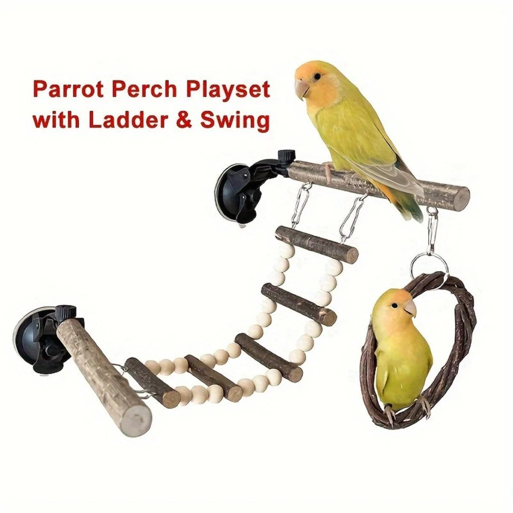 Wooden Parrot Stand Climbing Ladder Swing Toy for Birds